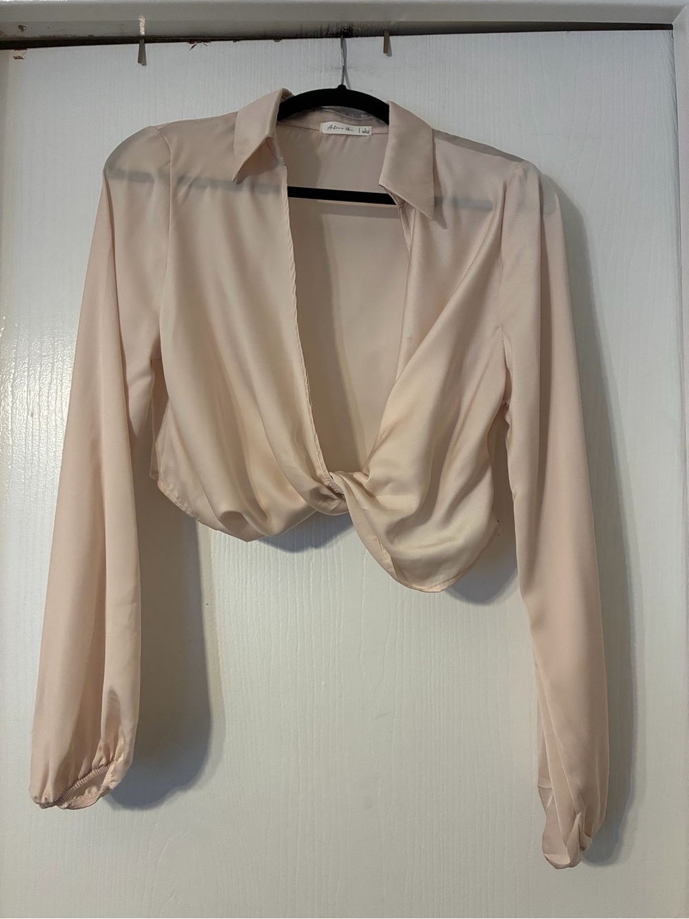 Light Beige Chiffon Twisted Front Long-Sleeve Crop Top Size L